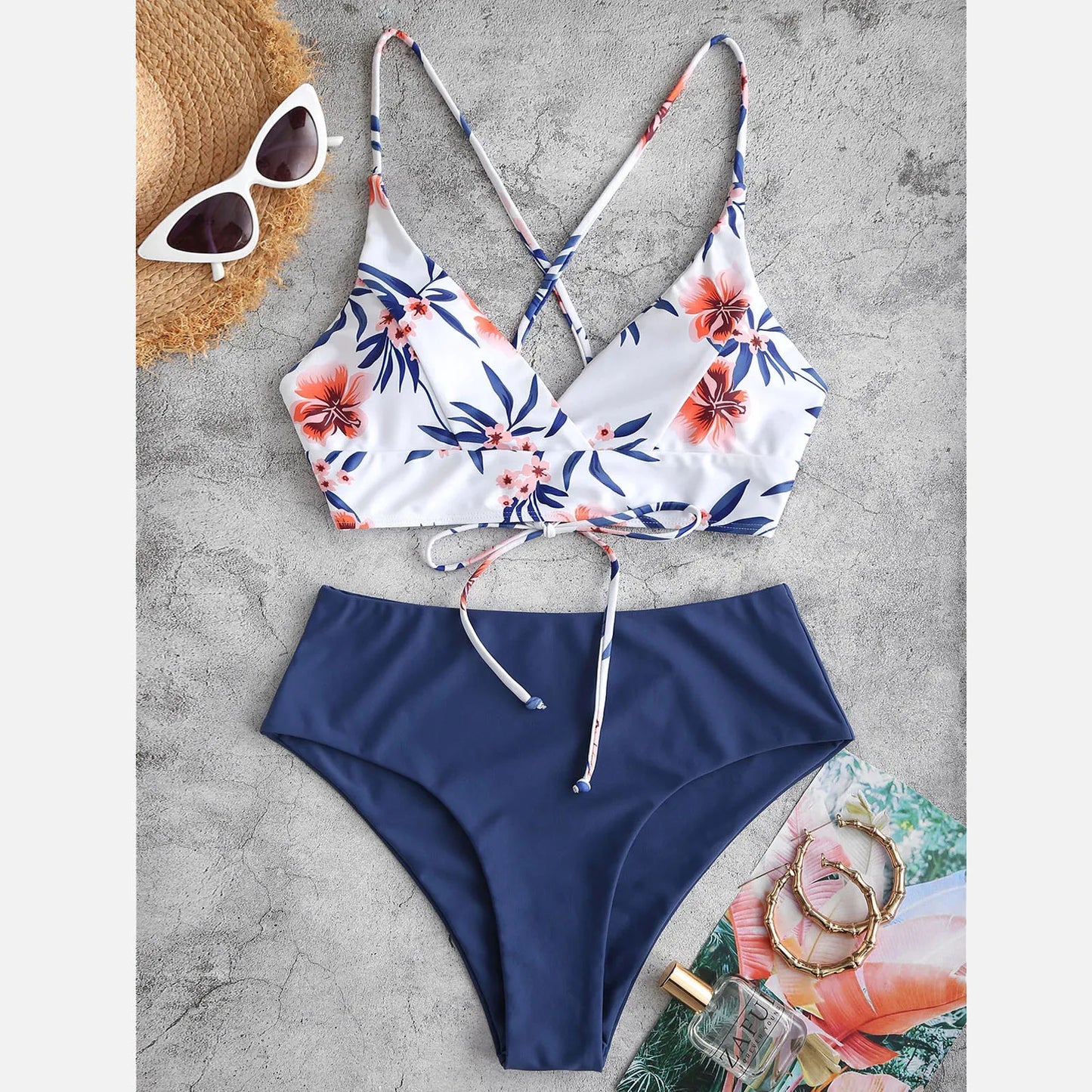Summer Women's Fashion Printed Bikini Swimsuit Set Sexy Backless Cross Tie Swimsuit Bikini Beach Casual Swimwear Two Piece Set