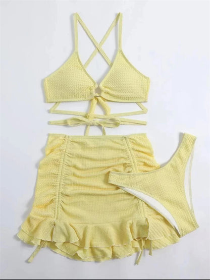 Sexy Yellow Bikini Women Solid Halter Ring Linked Criss Cross Cover Up 3 Piece Swimsuit 2024 Bathing Suit Ruffles Skirt Swimwear