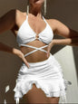 Sexy Yellow Bikini Women Solid Halter Ring Linked Criss Cross Cover Up 3 Piece Swimsuit 2024 Bathing Suit Ruffles Skirt Swimwear