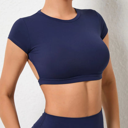 Sexy Hollow Beauty Back Crop Top Short Sleeve Yoga Shirt Women Fitness Workout Tops Gym Clothes Sportswear Running T-shirts