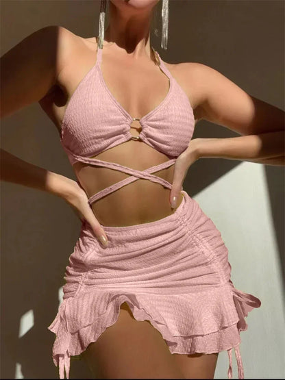 Sexy Yellow Bikini Women Solid Halter Ring Linked Criss Cross Cover Up 3 Piece Swimsuit 2024 Bathing Suit Ruffles Skirt Swimwear