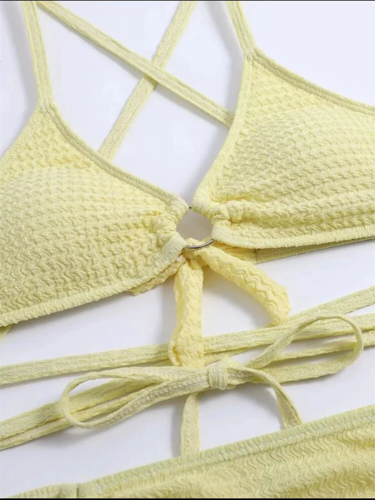 Sexy Yellow Bikini Women Solid Halter Ring Linked Criss Cross Cover Up 3 Piece Swimsuit 2024 Bathing Suit Ruffles Skirt Swimwear