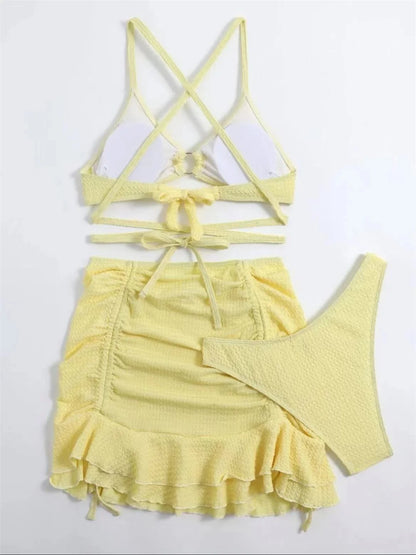 Sexy Yellow Bikini Women Solid Halter Ring Linked Criss Cross Cover Up 3 Piece Swimsuit 2024 Bathing Suit Ruffles Skirt Swimwear