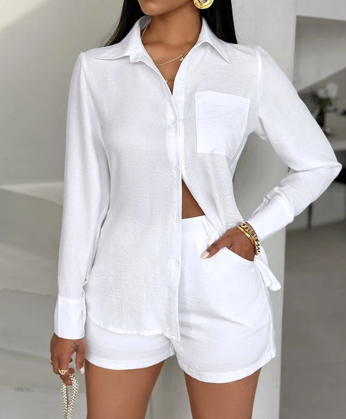 Elegant Two Piece Set for Woman Casual Collar Striped Pocket Button Loose Long Sleeved Shirt High Waisted Shorts Matching Sets