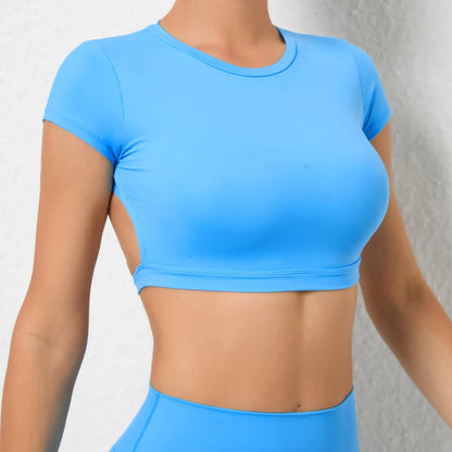 Sexy Hollow Beauty Back Crop Top Short Sleeve Yoga Shirt Women Fitness Workout Tops Gym Clothes Sportswear Running T-shirts