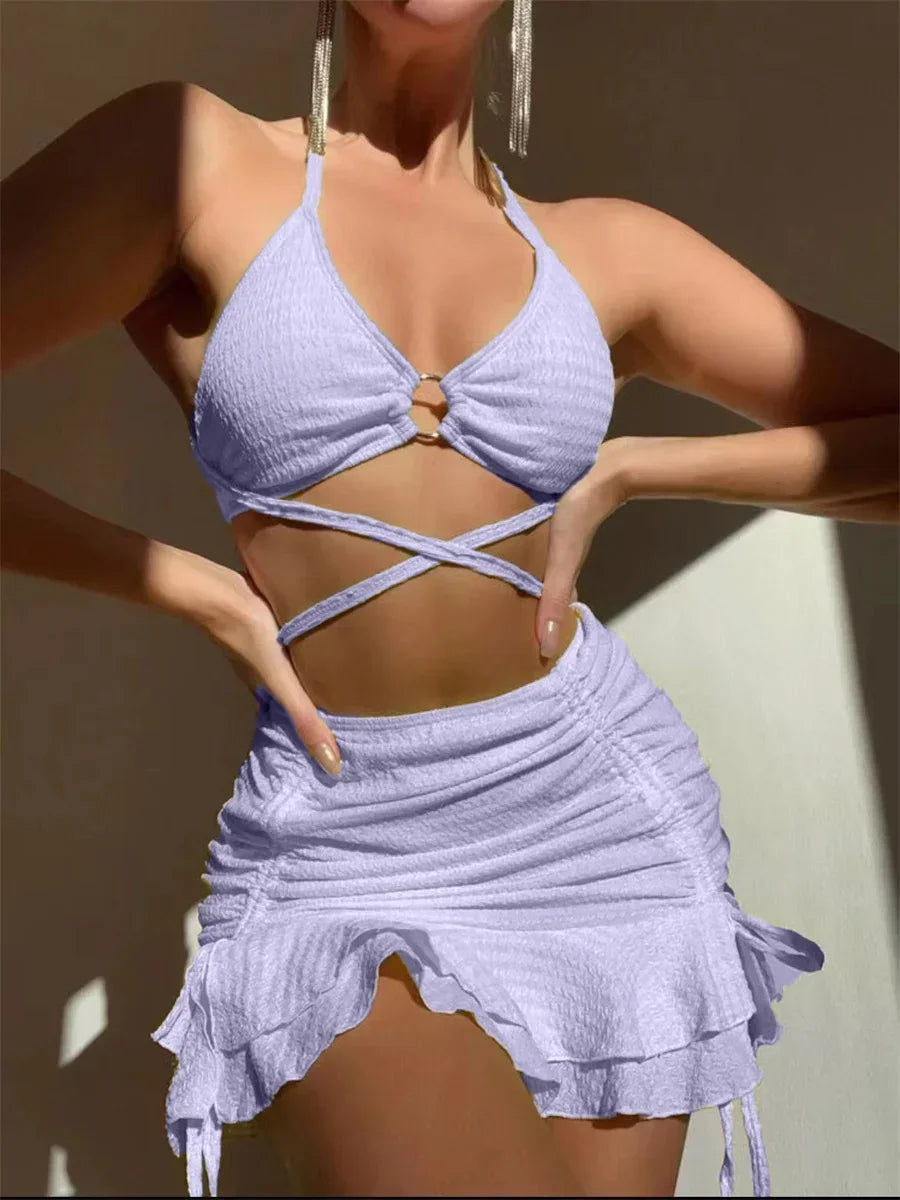 Sexy Yellow Bikini Women Solid Halter Ring Linked Criss Cross Cover Up 3 Piece Swimsuit 2024 Bathing Suit Ruffles Skirt Swimwear