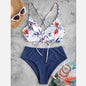 Summer Women's Fashion Printed Bikini Swimsuit Set Sexy Backless Cross Tie Swimsuit Bikini Beach Casual Swimwear Two Piece Set