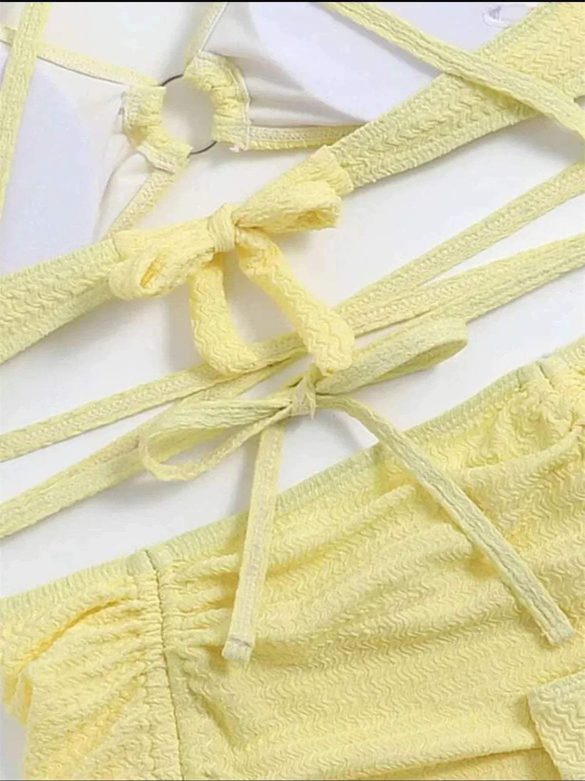 Sexy Yellow Bikini Women Solid Halter Ring Linked Criss Cross Cover Up 3 Piece Swimsuit 2024 Bathing Suit Ruffles Skirt Swimwear