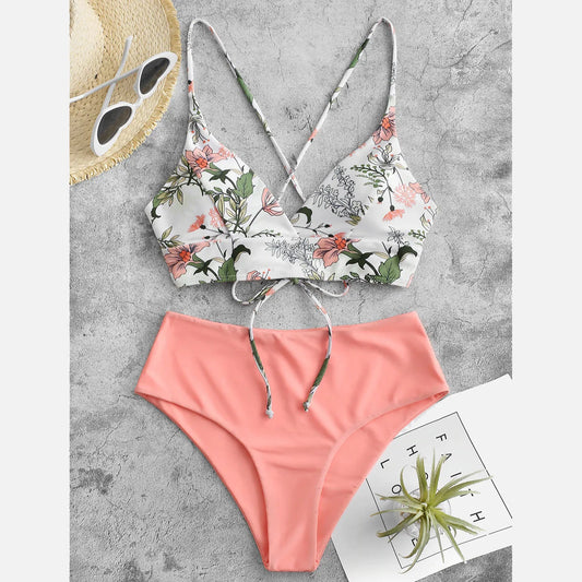 Summer Women's Fashion Printed Bikini Swimsuit Set Sexy Backless Cross Tie Swimsuit Bikini Beach Casual Swimwear Two Piece Set