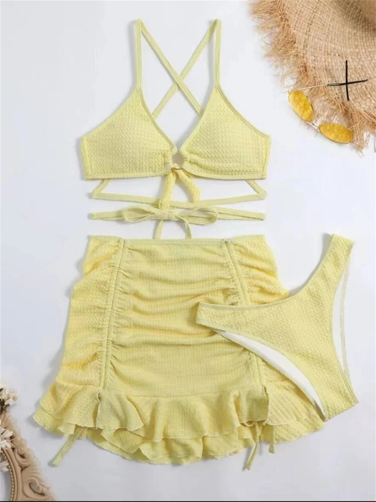 Sexy Yellow Bikini Women Solid Halter Ring Linked Criss Cross Cover Up 3 Piece Swimsuit 2024 Bathing Suit Ruffles Skirt Swimwear