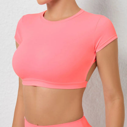 Sexy Hollow Beauty Back Crop Top Short Sleeve Yoga Shirt Women Fitness Workout Tops Gym Clothes Sportswear Running T-shirts
